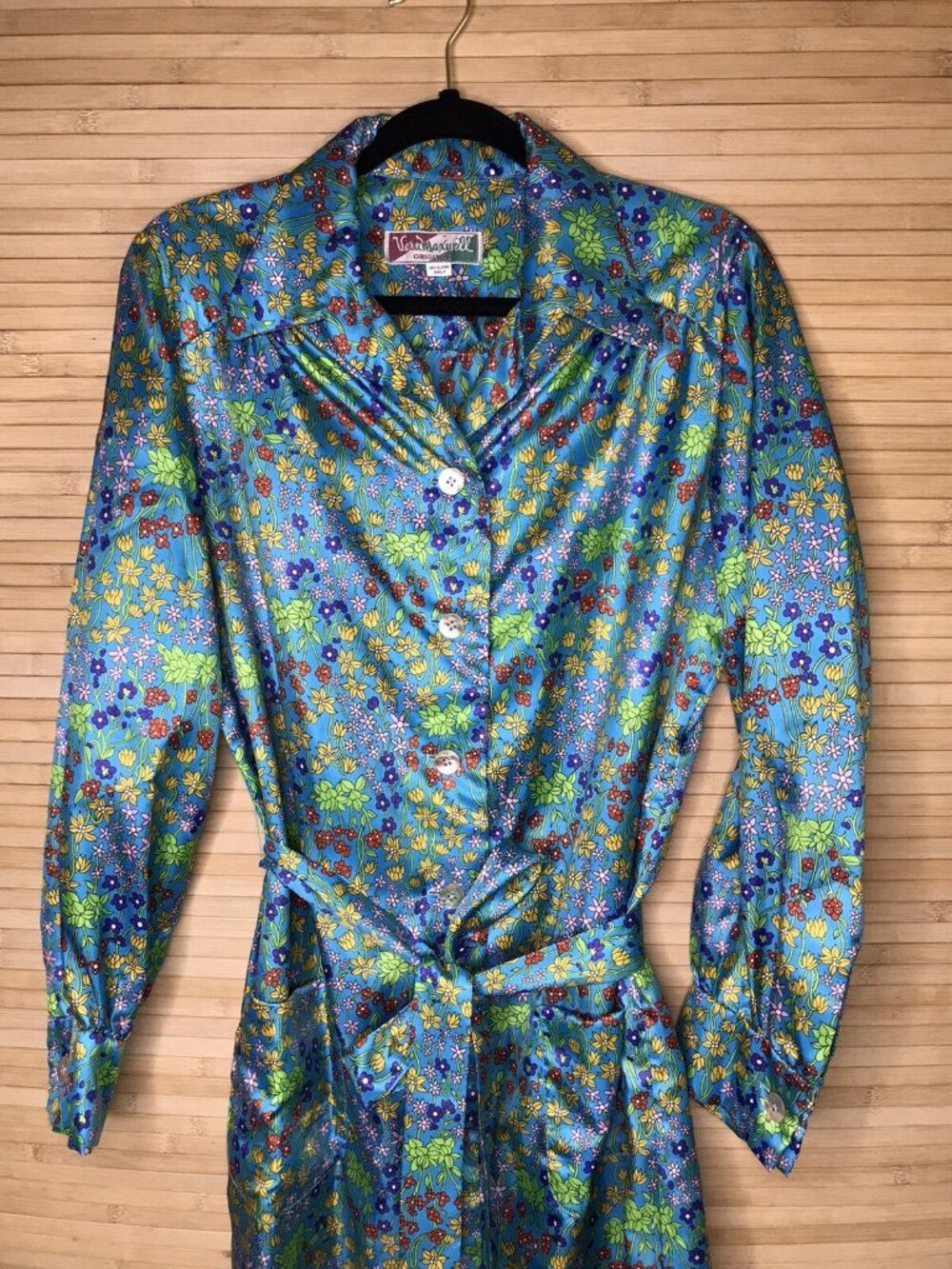 Vintage Vera Maxwell Mid Century Silky button down tie waist Shirt Dress sz L XL - Picture 3 of 6